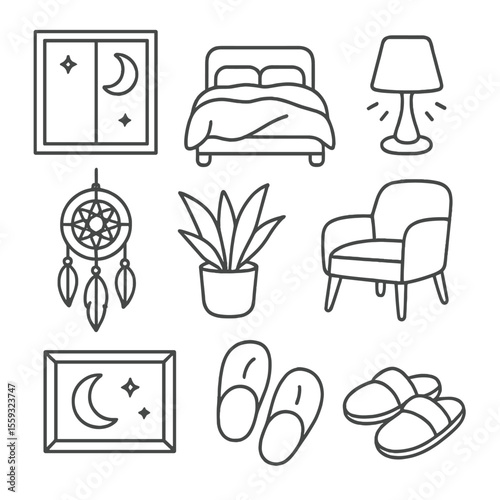 Serene Bedroom Icons. Line style icons of peaceful bedroom: moonlight through window, bed with soft duvet, calm lighting, quiet