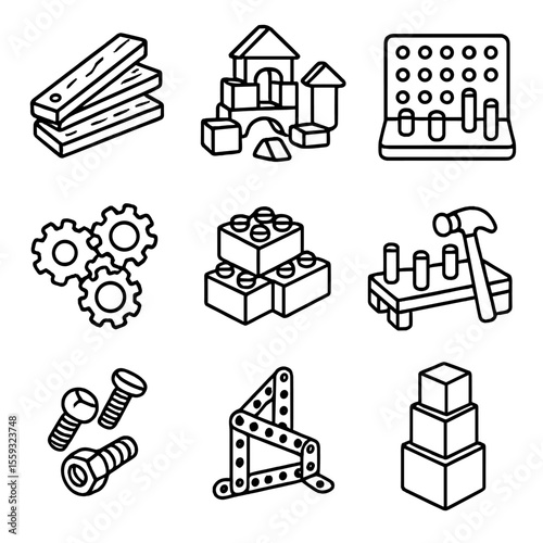 Construction Toy Icons. Line style icons of construction and building toys: wooden plank set, vintage building blocks, pegboard