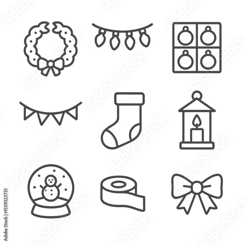 Holiday Decor Icons. Line style icons of Holiday Decorations: wreath, string lights, ornament box, garland, stocking, candle