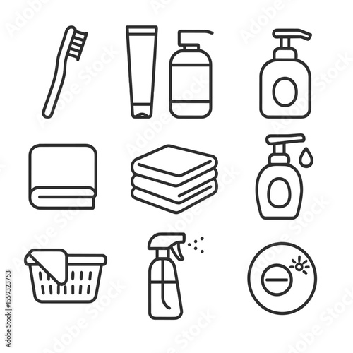 Sleep Hygiene Icons. Line style icons of Sleep Hygiene Toolkit: toothbrush, toothpaste, face wash, clean towel, fresh sheets, hand
