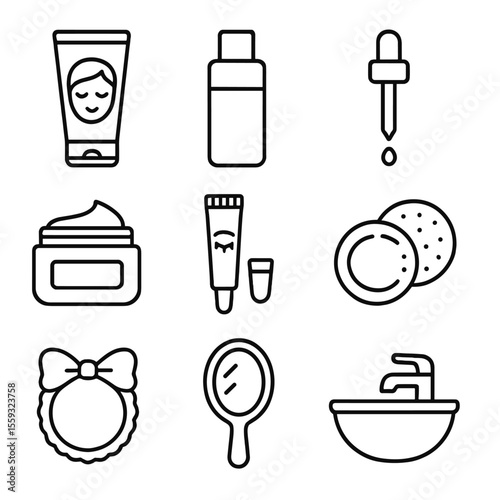 Skincare Routine Icons. Line style icons of Nightly Skincare Routine: face cleanser, toner bottle, serum dropper, moisturizer jar,