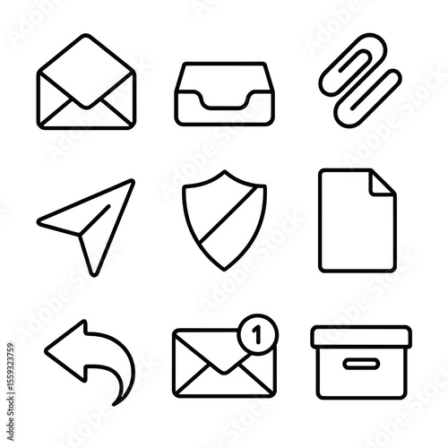 Email Management Icons. Line style icons of Email Management: open envelope, inbox tray, paperclip attachment, send arrow, spam