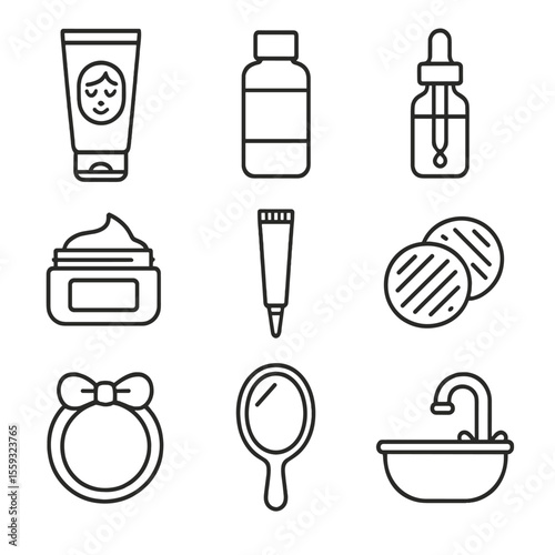 Skincare Routine Icons. Line style icons of Nightly Skincare Routine: face cleanser, toner bottle, serum dropper, moisturizer jar,