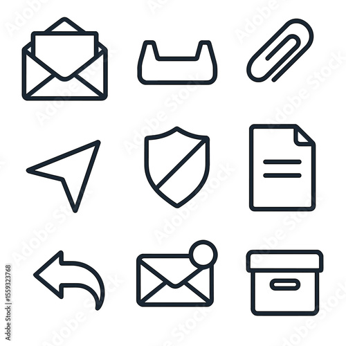 Email Management Icons. Line style icons of Email Management: open envelope, inbox tray, paperclip attachment, send arrow, spam