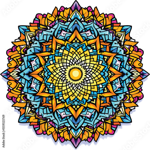 Colorful geometric mandala illustration for meditation and spiritual wellness designs.