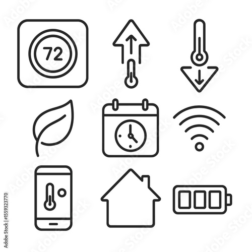 Smart Thermostat Icons. Outline style icons of Smart Thermostat Control: wall thermostat, temperature up arrow, temperature down