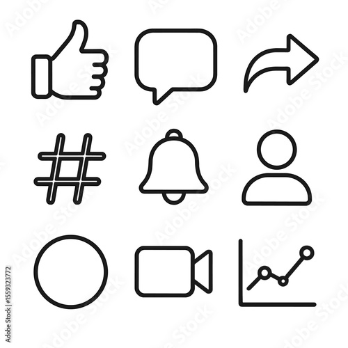 Social Media Icons. Line style icons of Social Media Engagement: thumbs up, comment bubble, share arrow, hashtag, notification