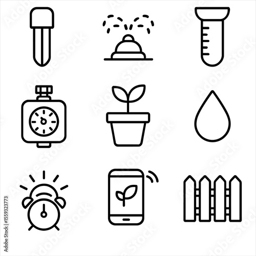 Smart Garden Icons. Outline style icons of Smart Garden Irrigation: soil moisture probe, sprinkler head, rainfall gauge, hose