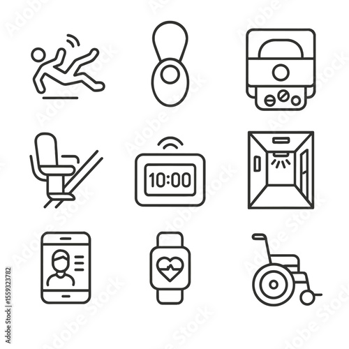 Elder Care Tech Icons. Outline style icons of Elderly Assist Home Tech: fall detector, emergency pendant, medication dispenser,