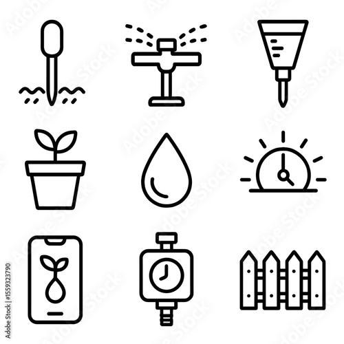 Smart Garden Icons. Outline style icons of Smart Garden Irrigation: soil moisture probe, sprinkler head, rainfall gauge, hose
