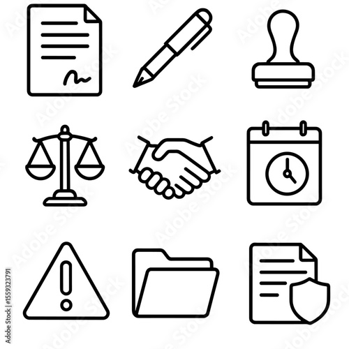 Legal Icon Set. Line style icons of Legal Contracts: contract paper, signature pen, stamp seal, scales of justice, handshake,