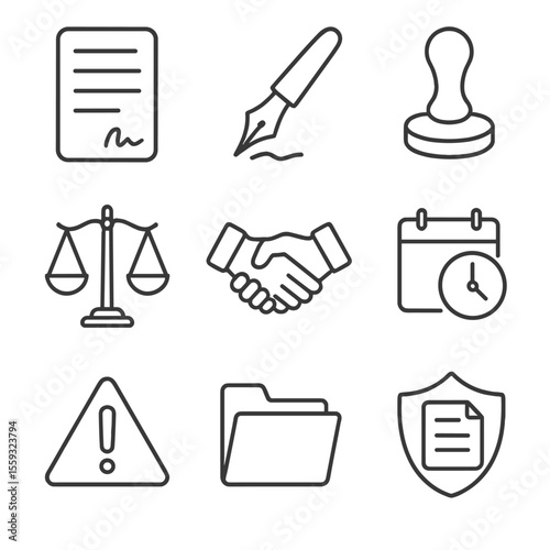 Legal Icon Set. Line style icons of Legal Contracts: contract paper, signature pen, stamp seal, scales of justice, handshake,