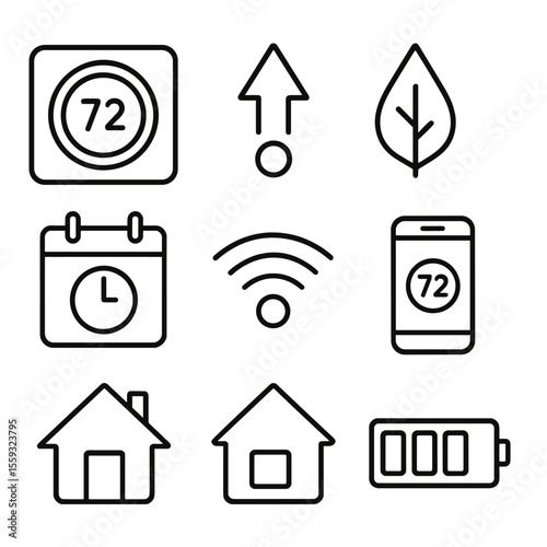 Smart Thermostat Icons. Outline style icons of Smart Thermostat Control: wall thermostat, temperature up arrow, temperature down