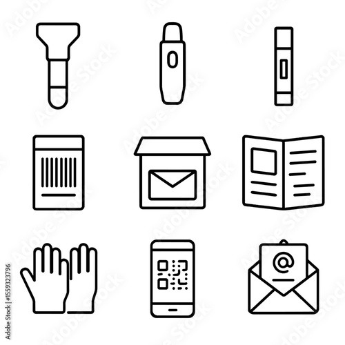 Home Lab Test Icons. Outline style icons of Home Lab Testing Kits: saliva tube, lancet device, test strip, barcode label, sample