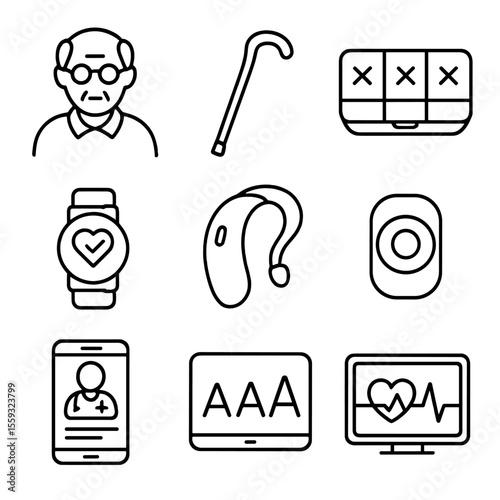 Geriatric Telecare Icons. Outline style icons of Geriatric Telecare: senior avatar, walking cane, pill organizer, vitals bracelet,