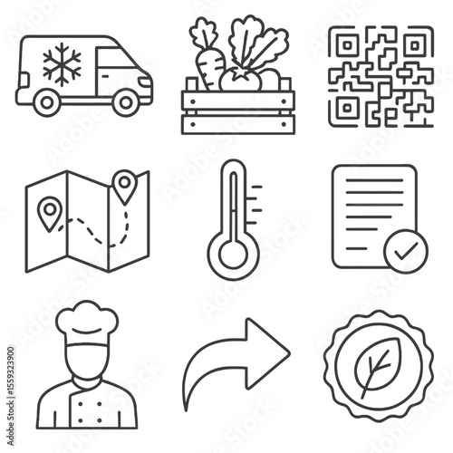 Farm-to-Table Icons. Outline style icons of Farm-to-Table Logistics: refrigerated van, harvest crate, QR trace code, route planner