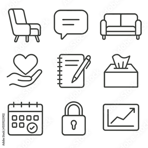 Therapy Icons Set. Outline style icons of Therapy Session: therapist chair, client sofa, talking bubble, empathy heart, notebook