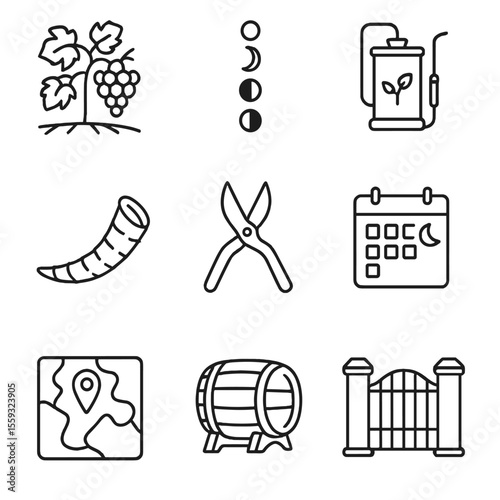 Biodynamic Vineyard Icons. Outline style icons of Biodynamic Vineyard: grapevine row, moon phase chart, herbal spray barrel,