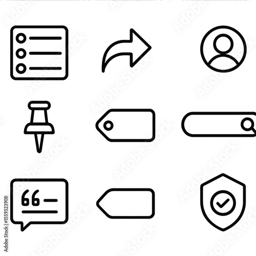 Forum Icon Set. Outline style icons of Peer Discussion Forum: thread list, reply arrow, upvote arrow, avatar circle, pin post icon