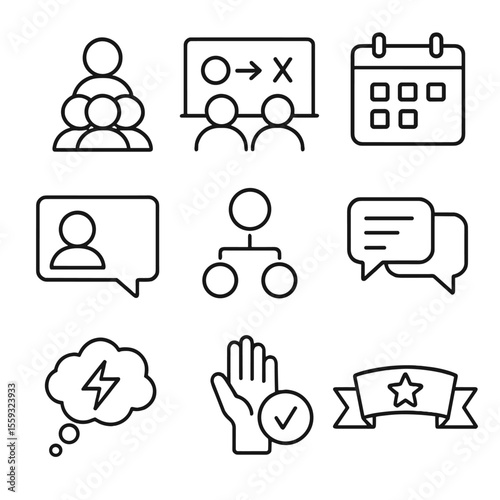 Study Group Icons. Outline style icons of Study Group Collaboration: group avatar stack, shared whiteboard, calendar invite, video