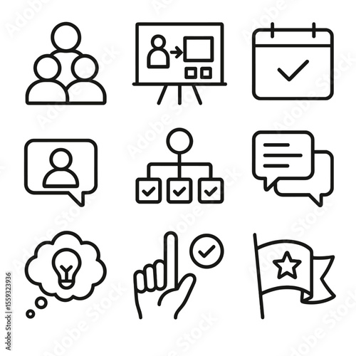 Study Group Icons. Outline style icons of Study Group Collaboration: group avatar stack, shared whiteboard, calendar invite, video