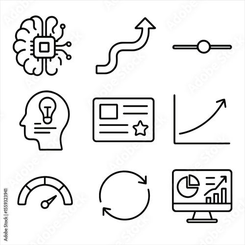 AI Learning Icons. Outline style icons of AI Adaptive Learning Engine: AI brain chip, adaptive path arrow, difficulty slider,