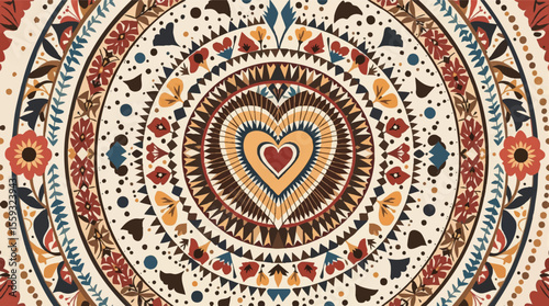 Intricate circular mandala design featuring heart center and floral bohemian inspired elements.