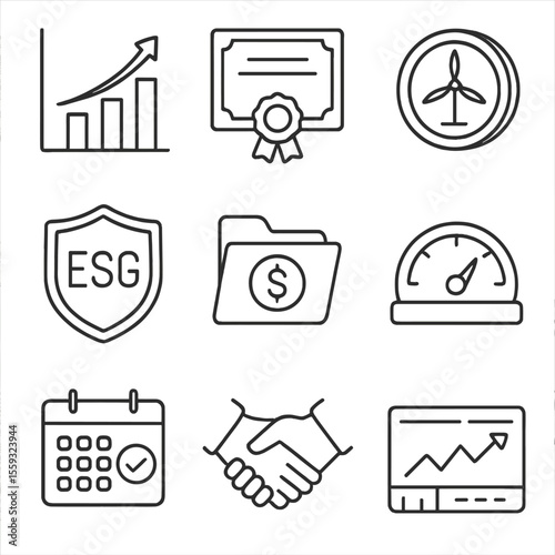 Green Energy Icons. Outline style icons of Green Energy Investment: growth arrow chart, renewable bond certificate, wind turbine