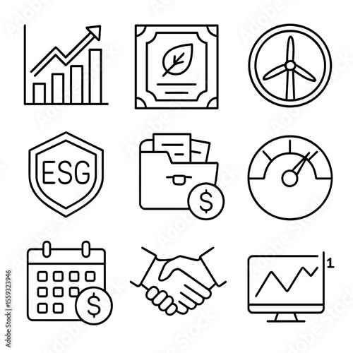 Green Energy Icons. Outline style icons of Green Energy Investment: growth arrow chart, renewable bond certificate, wind turbine