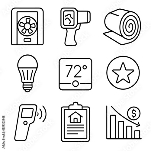 Home Energy Tools Icons. Outline style icons of Home Energy Efficiency Audit: blower door fan, thermal camera, insulation roll,