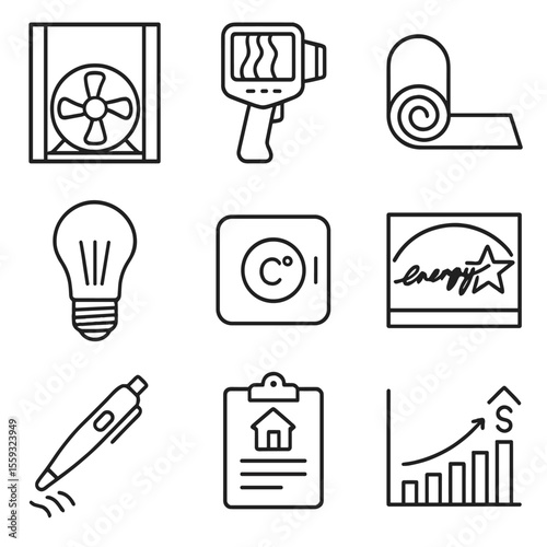 Home Energy Tools Icons. Outline style icons of Home Energy Efficiency Audit: blower door fan, thermal camera, insulation roll,