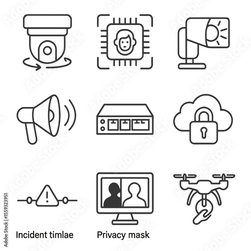 Smart Security Icons. Outline style icons of Smart Security Surveillance: PTZ camera, AI face recognition chip, alert spotlight,
