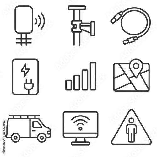 5G Deployment Icons. Outline style icons of 5G Small Cell Deployment: small cell antenna, street pole bracket, fiber optic cable,