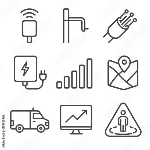 5G Deployment Icons. Outline style icons of 5G Small Cell Deployment: small cell antenna, street pole bracket, fiber optic cable,