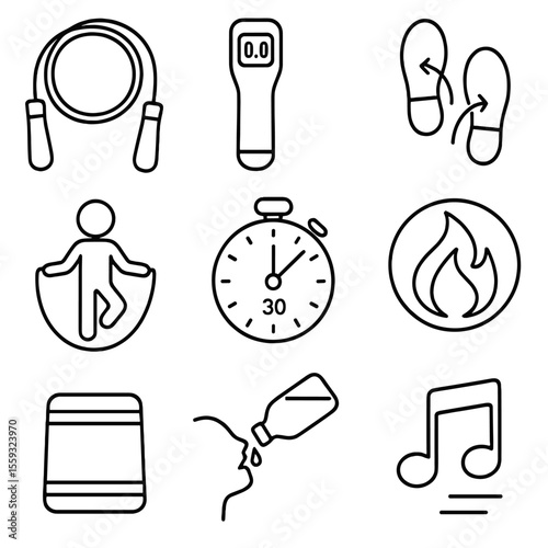 Jump Rope Icons. Outline style icons of Jump Rope Session: speed rope, digital counter handle, footwork diagram, skip icon,