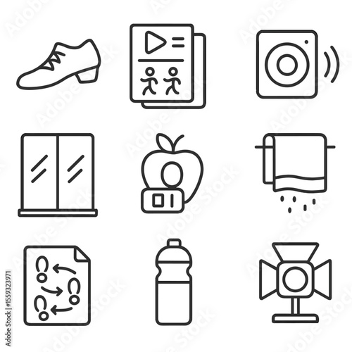 Cardio Dance Icons. Outline style icons of Dance Cardio Workout: dance shoe, choreography playlist, bluetooth speaker, mirror wall