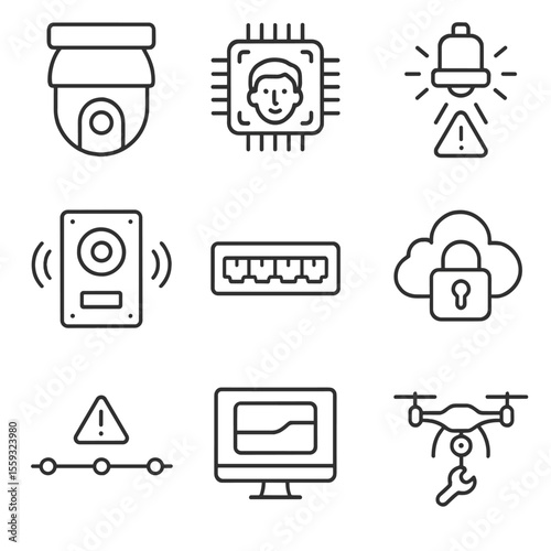 Smart Security Icons. Outline style icons of Smart Security Surveillance: PTZ camera, AI face recognition chip, alert spotlight,
