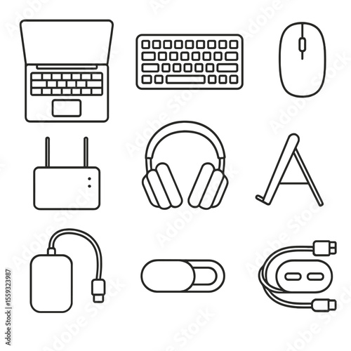 Digital Nomad Gear. Outline style icons of Digital Nomad Travel Office: ultrabook laptop, compact keyboard, wireless mouse, travel