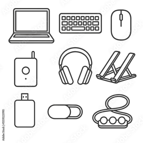 Digital Nomad Gear. Outline style icons of Digital Nomad Travel Office: ultrabook laptop, compact keyboard, wireless mouse, travel