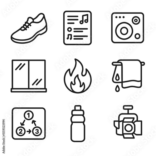 Cardio Dance Icons. Outline style icons of Dance Cardio Workout: dance shoe, choreography playlist, bluetooth speaker, mirror wall