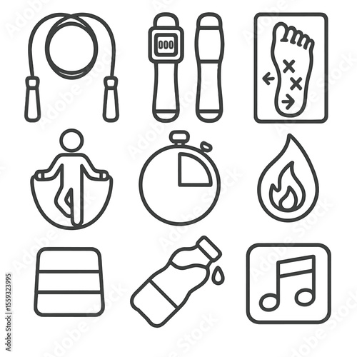 Jump Rope Icons. Outline style icons of Jump Rope Session: speed rope, digital counter handle, footwork diagram, skip icon,