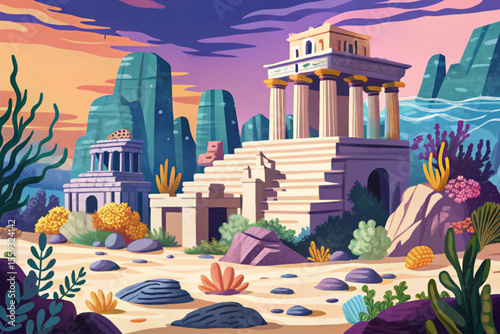 underwater ruins from an ancient civilization cartoon vector, featuring stone structures, pillars, marine life, and mysterious ambiance beneath the ocean surface
