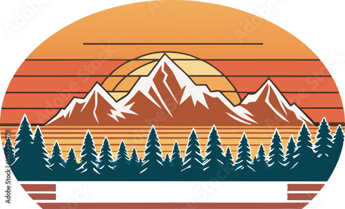 Retro Sunset Mountain Landscape:  Vintage Style Graphic Design, Peaceful Nature Scene,  Perfect for Apparel and Prints.