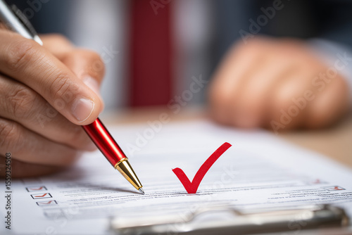 Businessman ticks checklist document for project approval and quality assurance