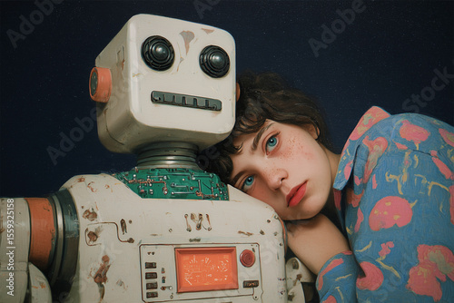 Girl resting head on robot, dark starry background. Oil painting style, capturing a feeling of gentle comfort. Friendship, futuristic world, art and technology.