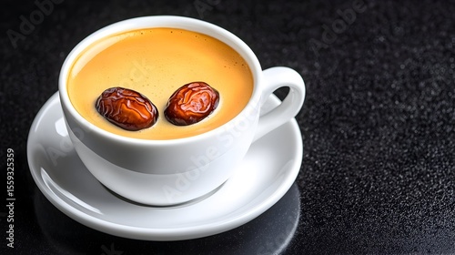 Dates in coffee cup, dark background, breakfast, food, drink