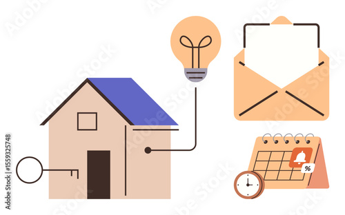 Home with connected lighting, key access, email notifications, and calendar reminder with clock. Ideal for technology, home security, automation, management, smart systems reminders communication