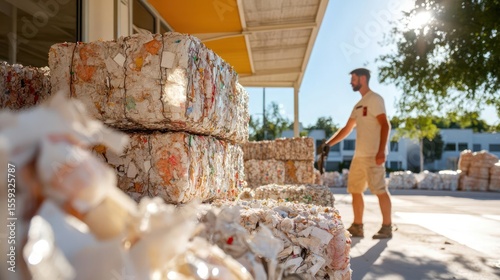 Man Inspects Compressed Plastic Waste Bales Outdoors Under Sunny Lighting
