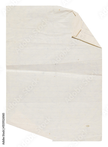 Yellowed old vintage paper, isolated notebook lined sheet with folded corners