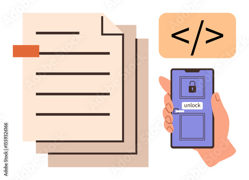 Hand holding smartphone with unlock screen, documents, and coding tag signal digital access, security, software development. Ideal for cybersecurity, coding, privacy, technology authentication